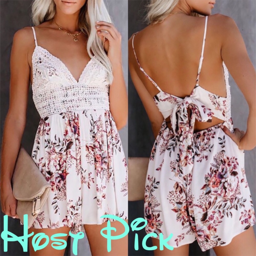 Deep V Neck Spaghetti Strap White Floral Romper